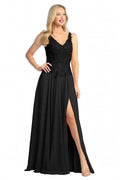 Black sleeveless beaded bodice chiffon a-line prom gown, front view