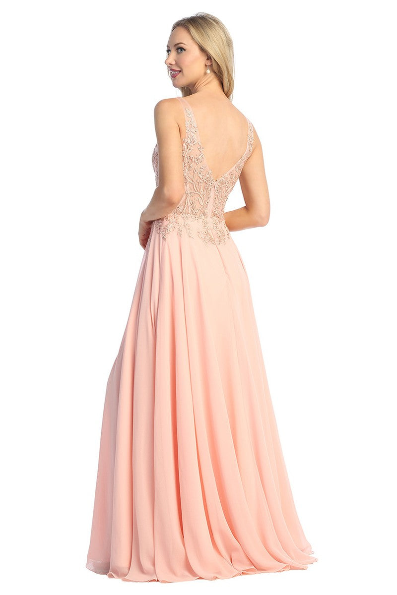 Blush sleeveless beaded bodice chiffon a-line prom gown, back view