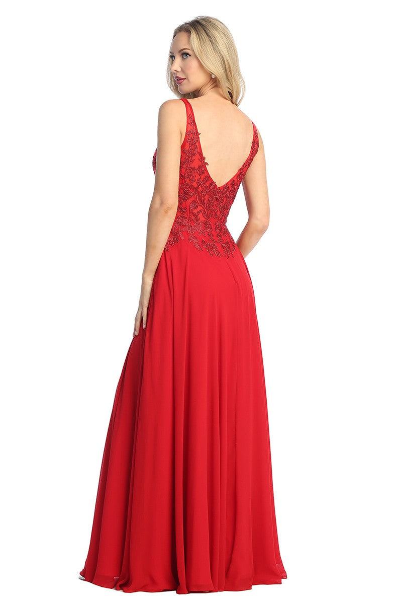 Red sleeveless beaded bodice chiffon a-line prom gown, back view