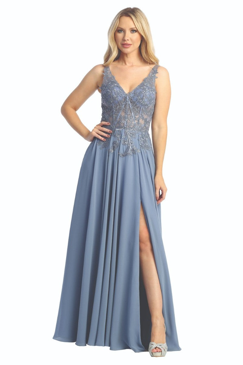 Slate Blue sleeveless beaded bodice chiffon a-line prom gown, front view