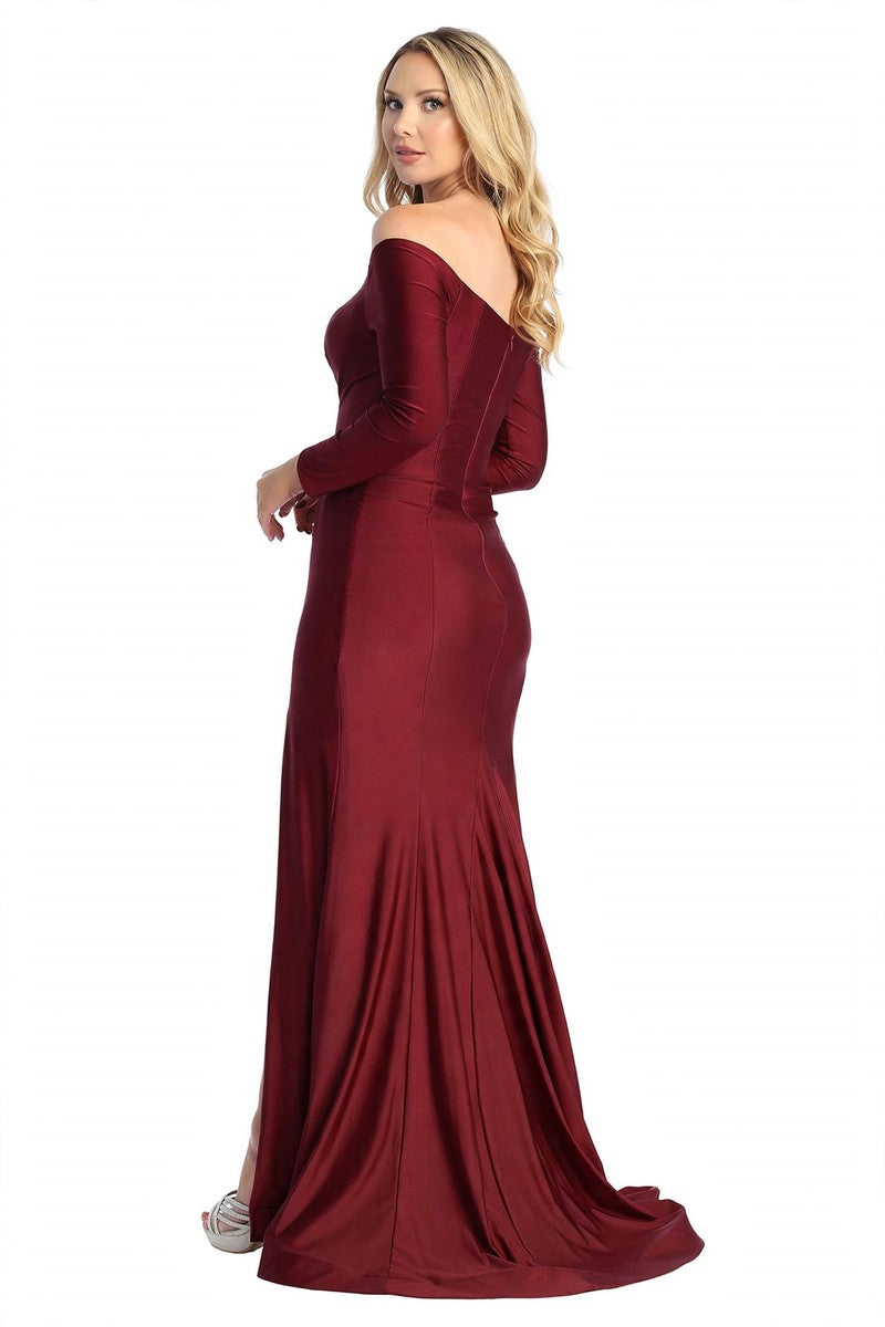 Burgundy long sleeve ruched fitted prom gown, front view
