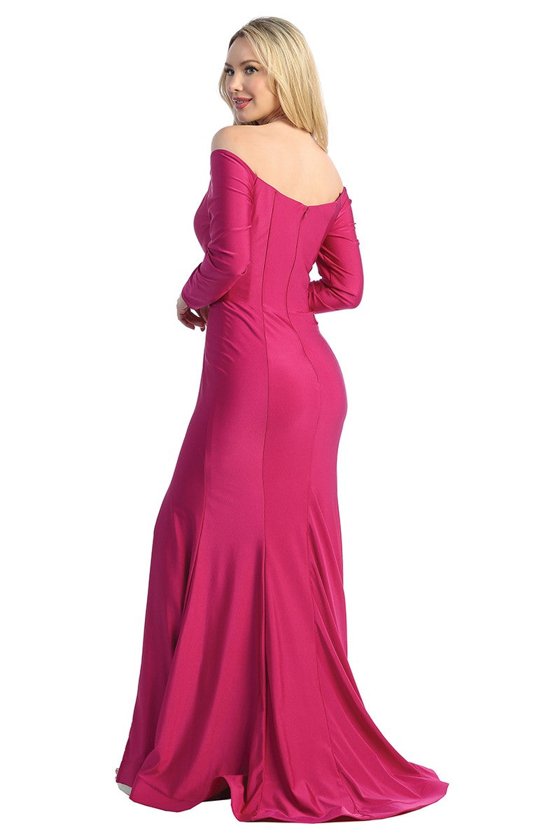Orchid long sleeve ruched fitted prom gown, back view
