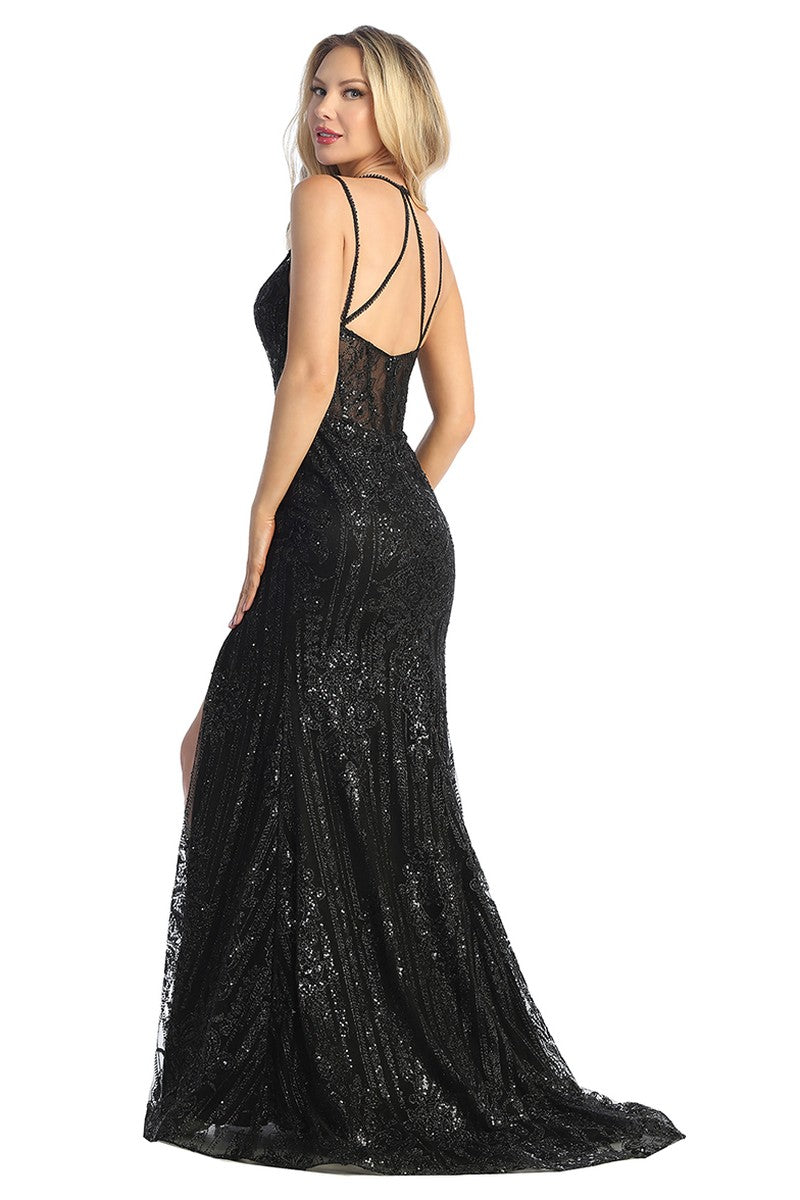 Black sleeveless sequin fitted prom gown, back view