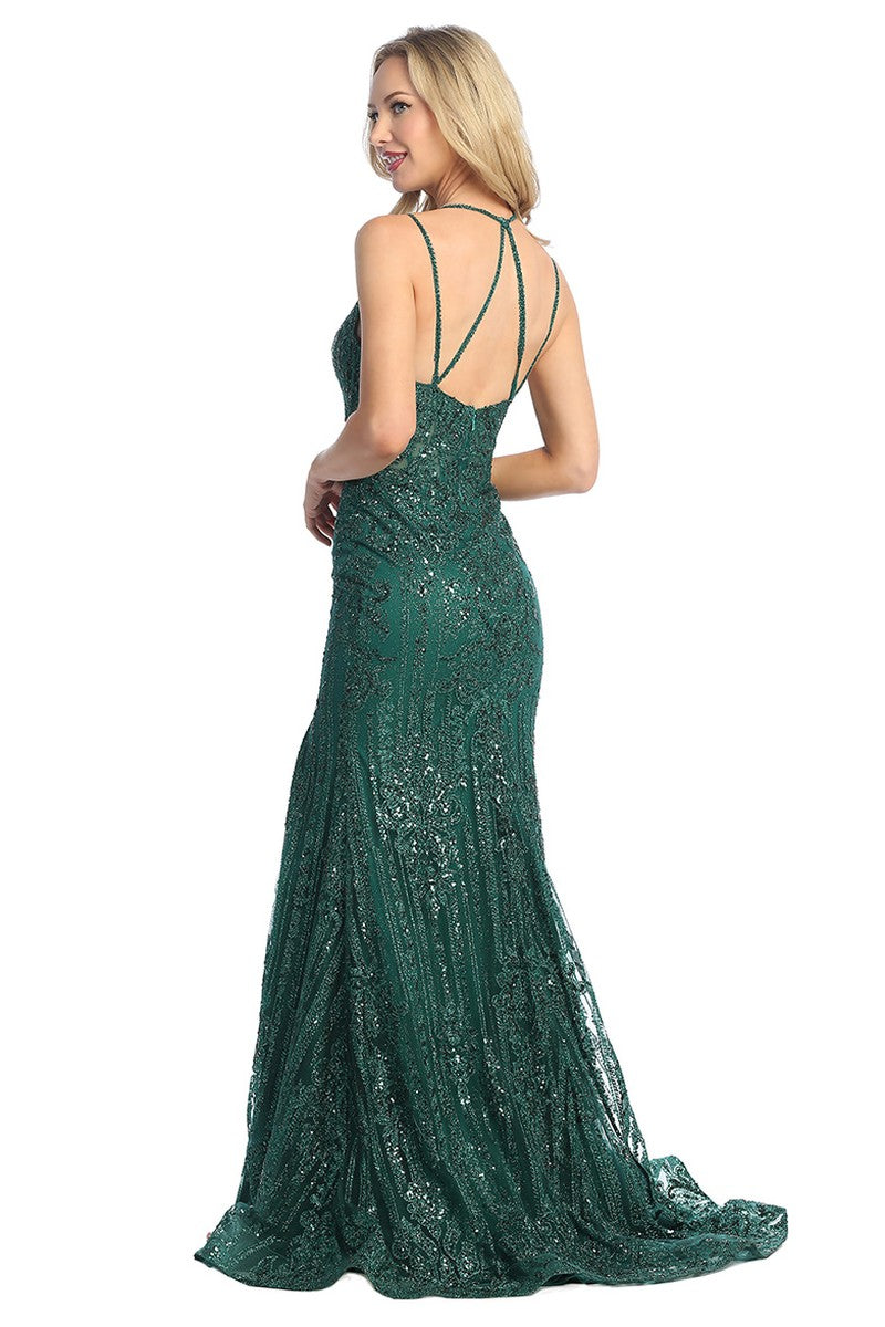Emerald sleeveless sequin fitted prom gown, back view