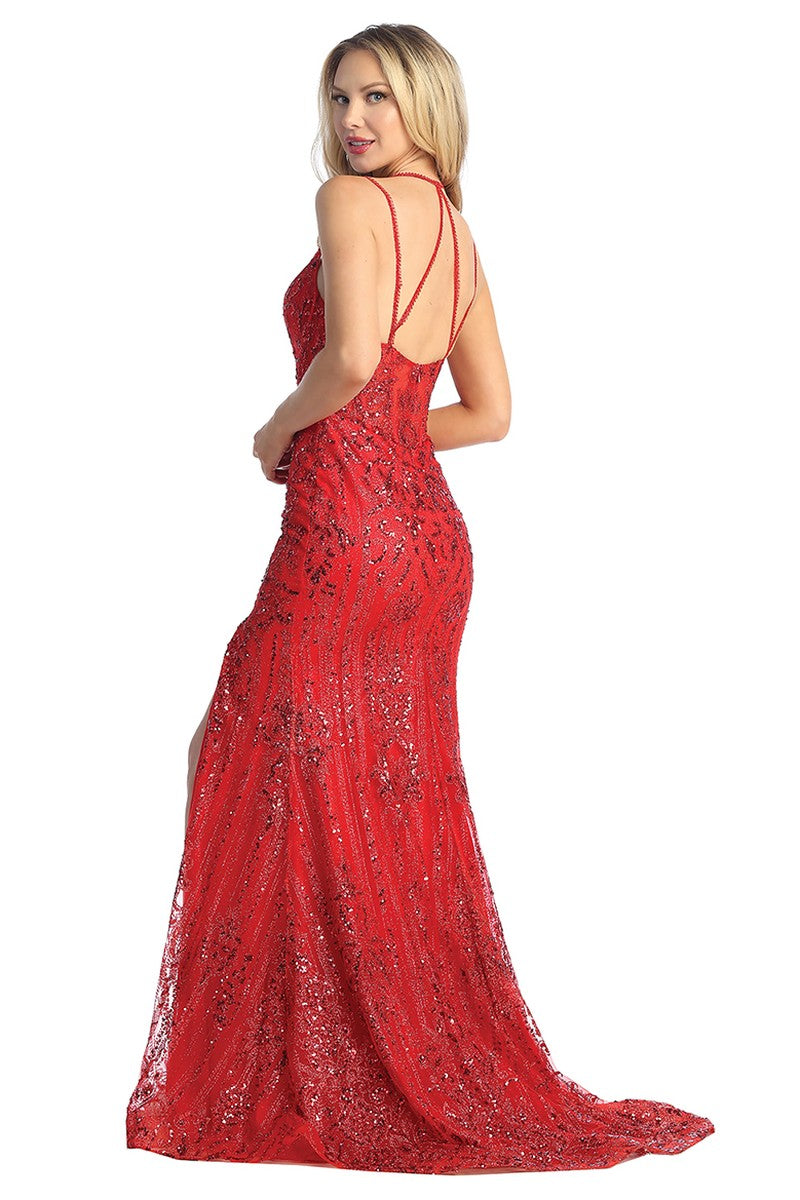 Red sleeveless sequin fitted prom gown, back view