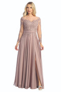 Mauve long sleeve chiffon a-line prom gown, front view