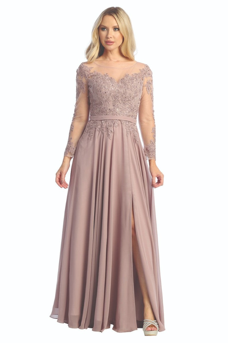 Mauve long sleeve chiffon a-line prom gown, front view