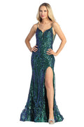 Emerald sleeveless sequin fitted prom gown, front view