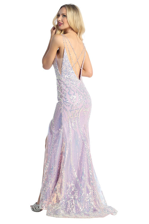 Lilac sleeveless sequin fitted prom gown, back view