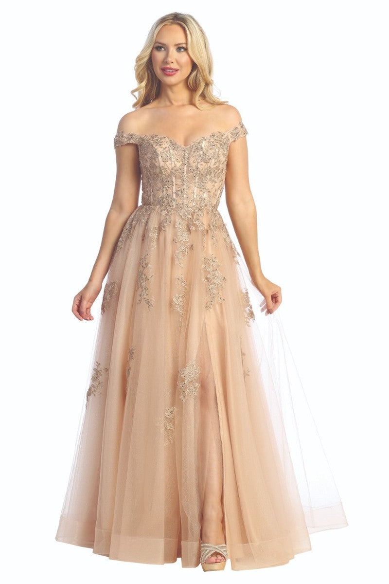 Rose Gold cap sleeve lace applique tulle a-line prom gown, front view
