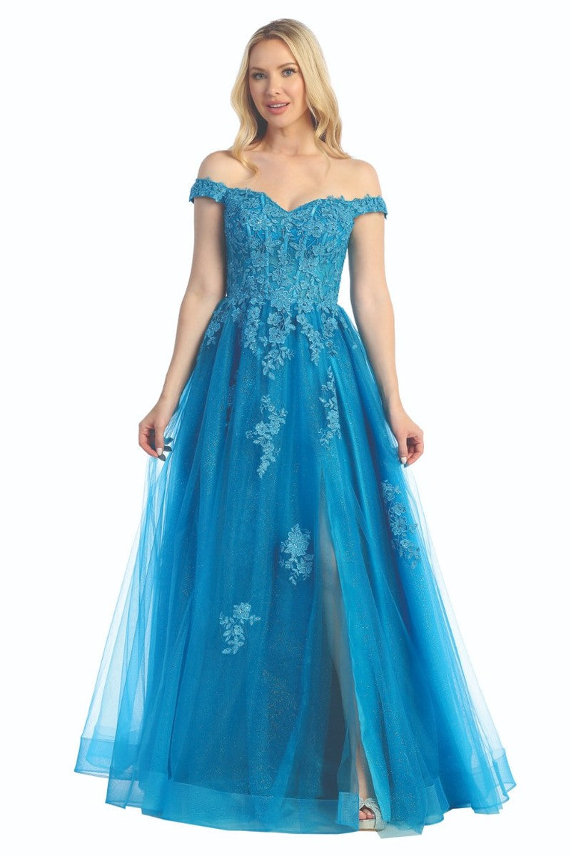Teal cap sleeve lace applique tulle a-line prom gown, front view