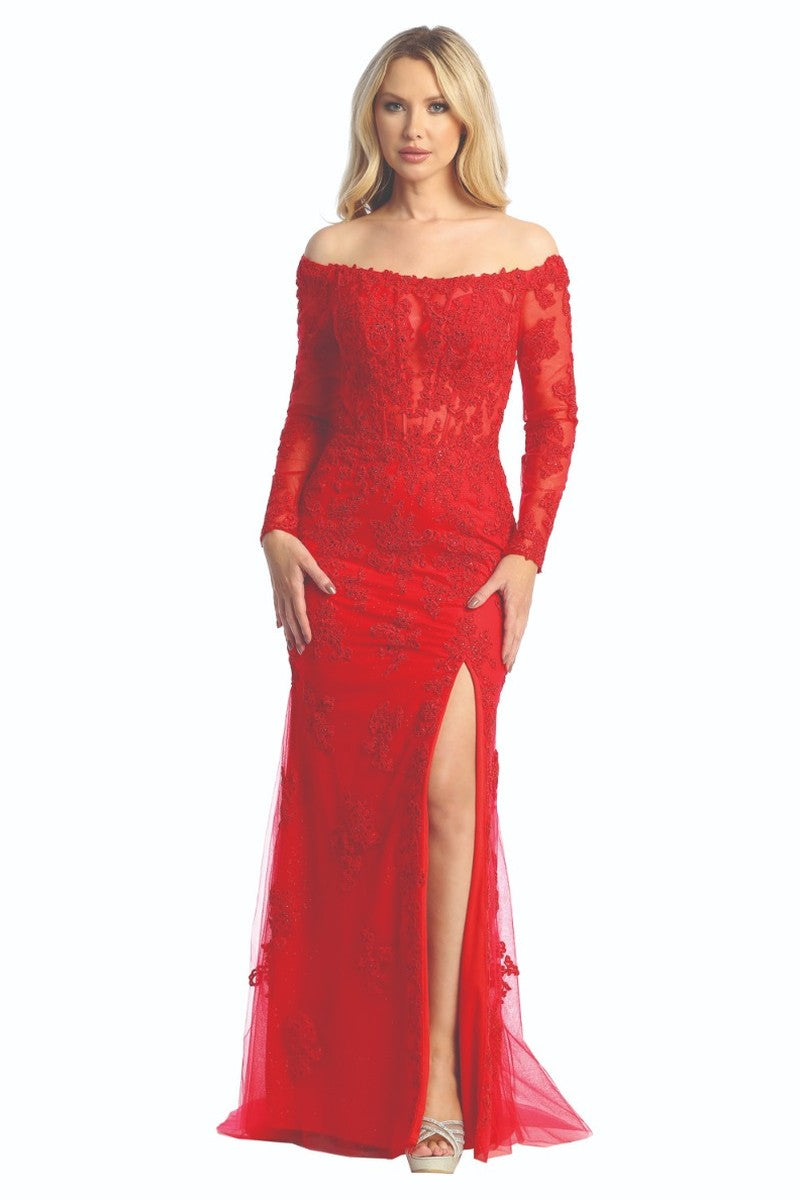 Red long sleeve fitted prom gown, front view