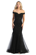 Black sleeveless embellished fitted prom gown, front view