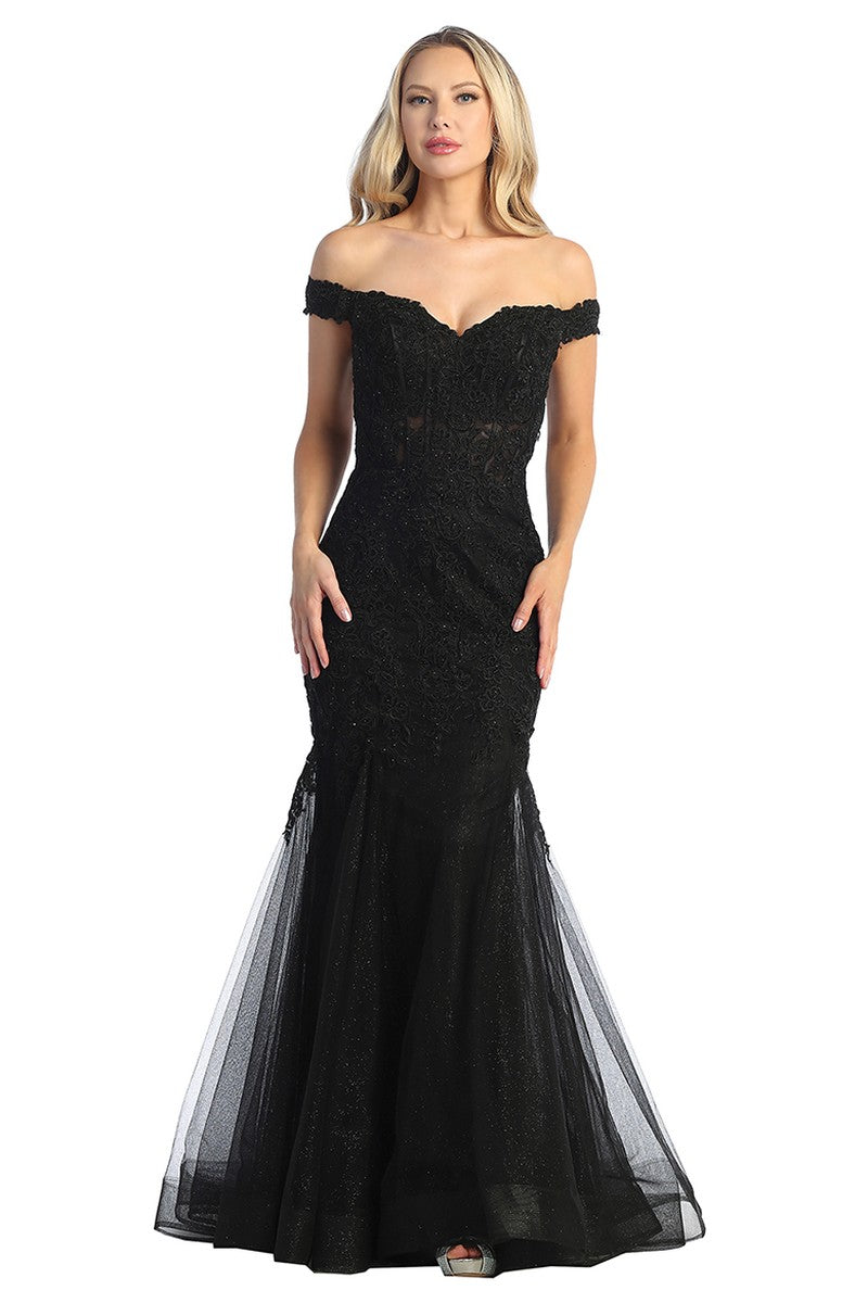Black sleeveless embellished fitted prom gown, front view