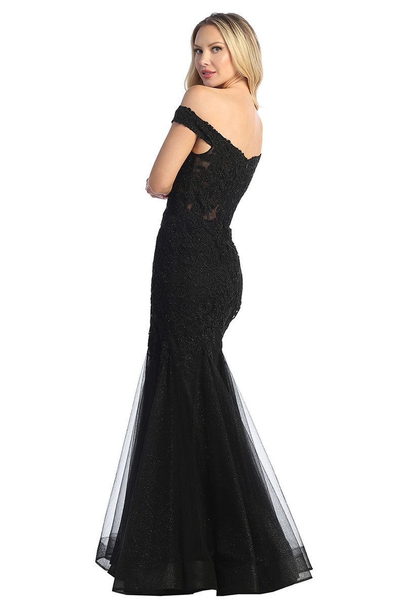 Black sleeveless embellished fitted prom gown, back view