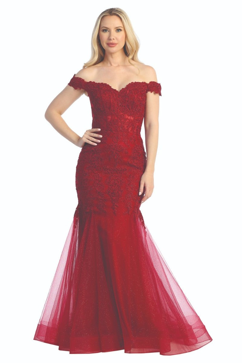 Burgundy sleeveless embellished fitted prom gown, front view