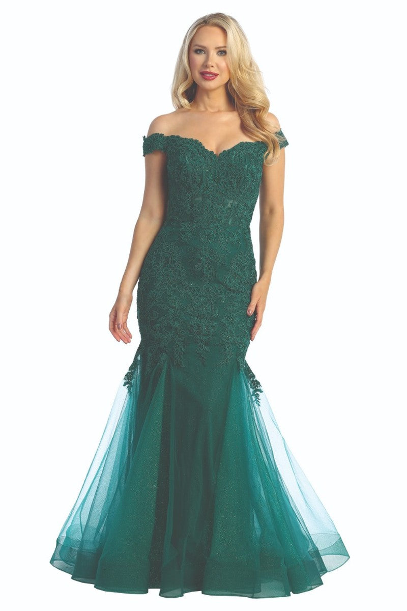 Emerald sleeveless embellished fitted prom gown, front view