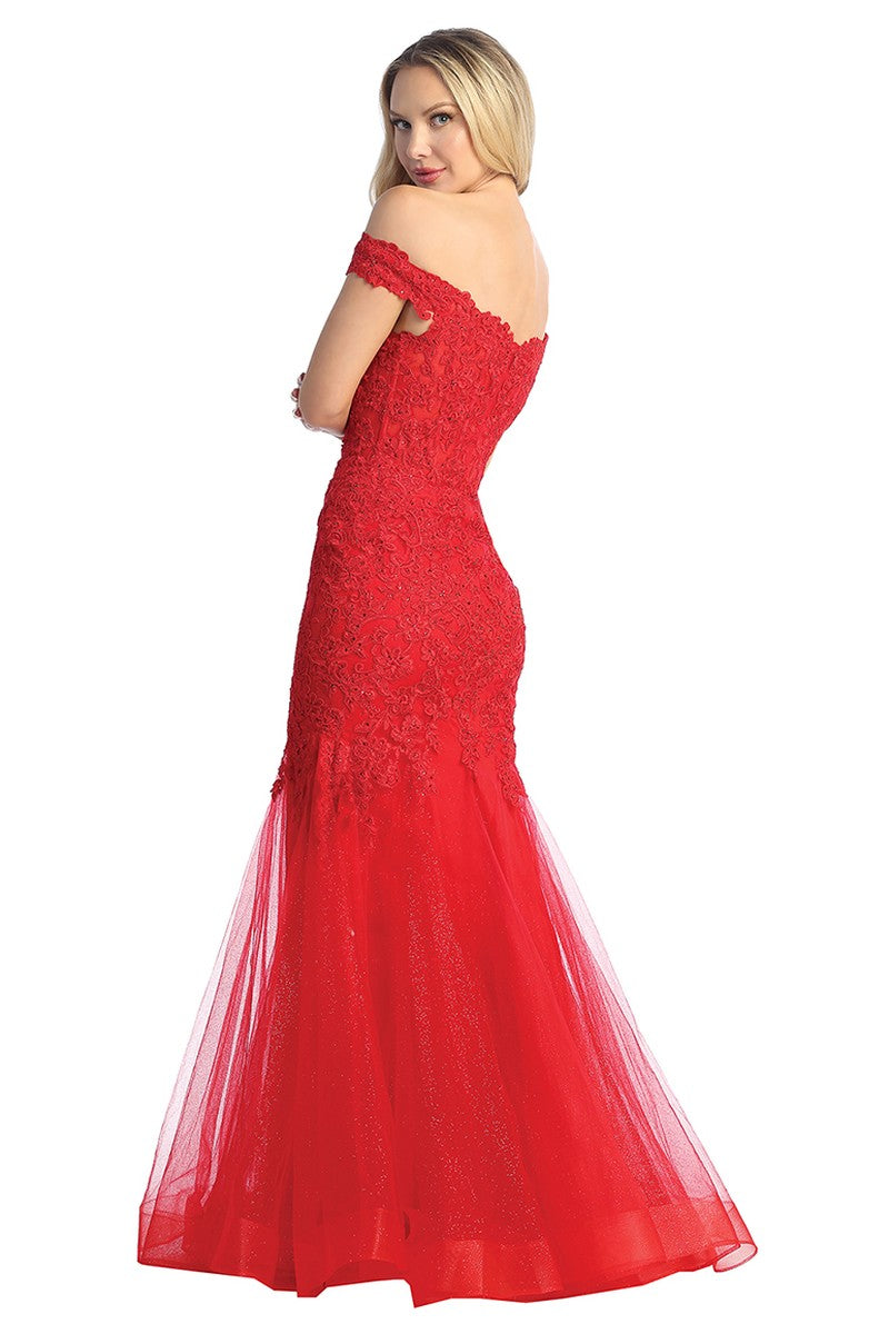 Red sleeveless embellished fitted prom gown, front view
