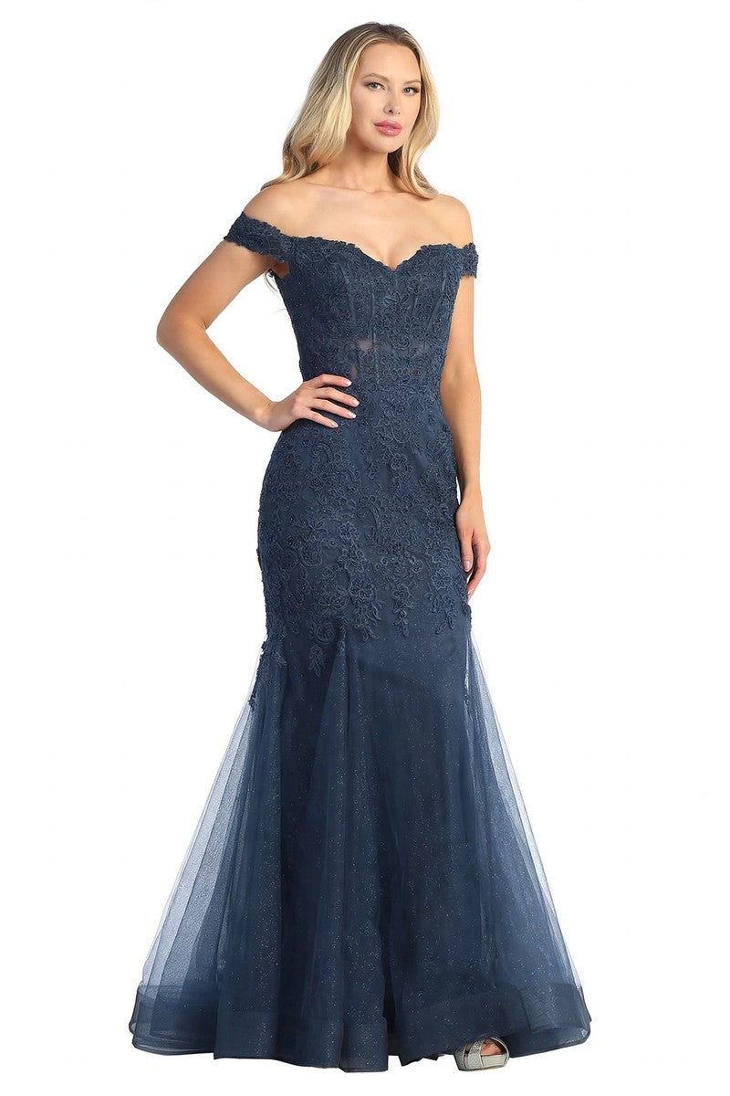 Slate Blue sleeveless embellished fitted prom gown, front view