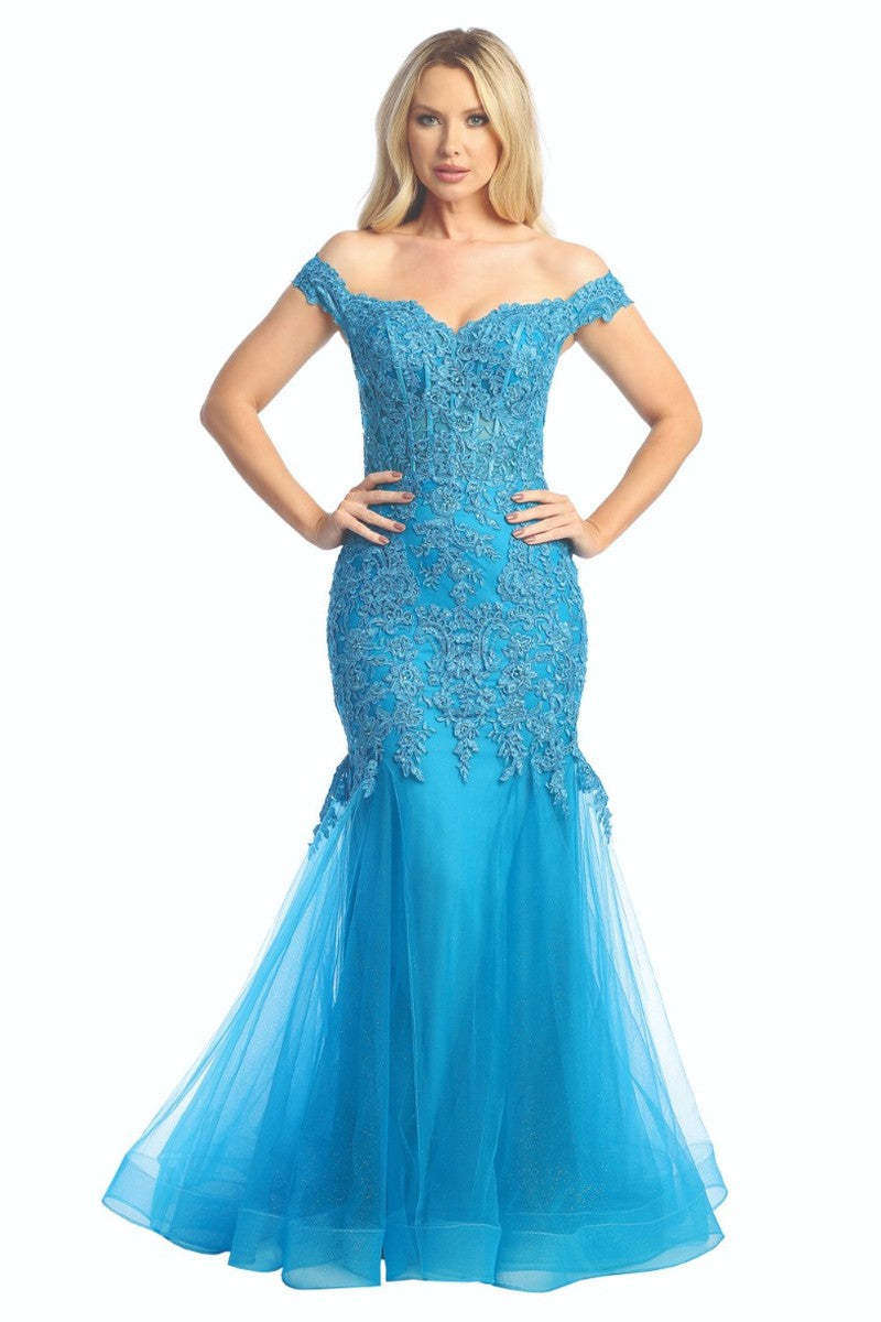 Teal sleeveless embellished fitted prom gown, front view