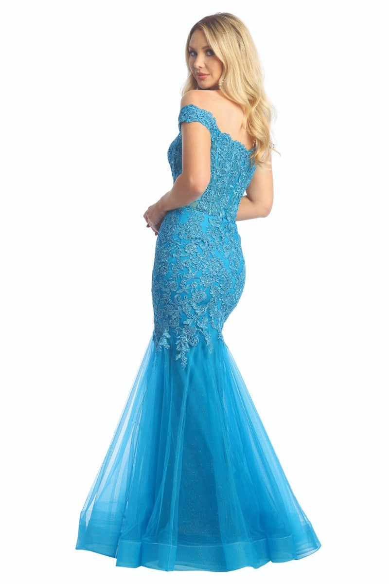 Teal sleeveless embellished fitted prom gown, back view