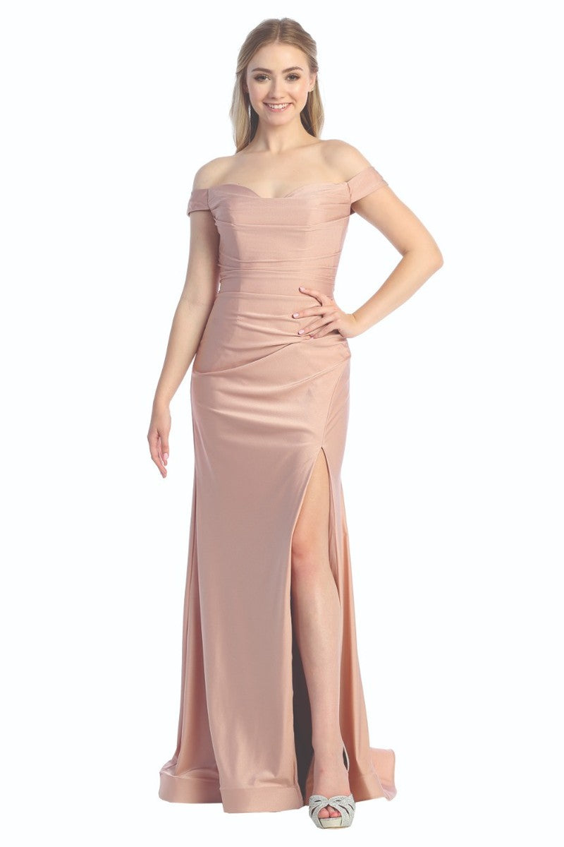 Mauve cap sleeve ruched satin fitted prom gown, front view