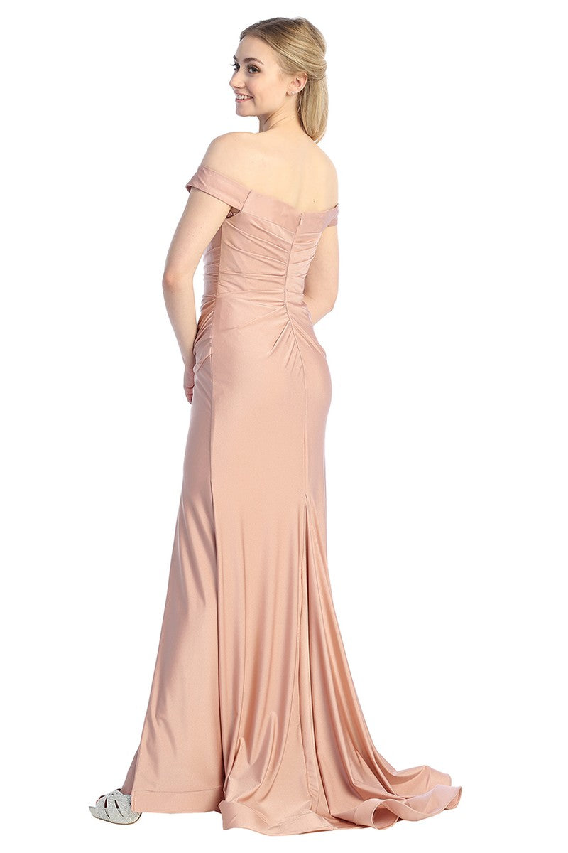 Mauve cap sleeve ruched satin fitted prom gown, back view