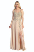 Champagne sweetheart beaded bodice a-line prom gown, front view