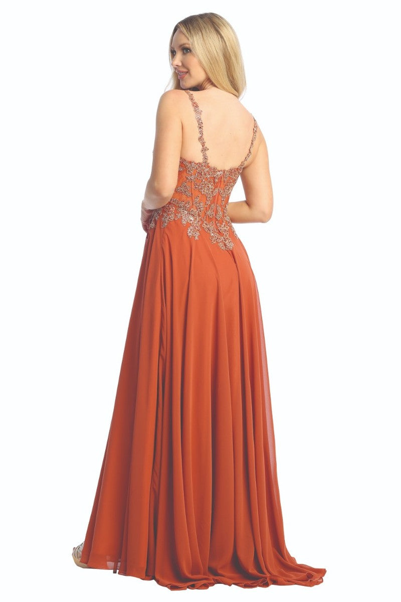 Rust sweetheart beaded bodice a-line prom gown, back view
