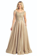 Champagne-Gold cap sleeve a-line prom gown, front view