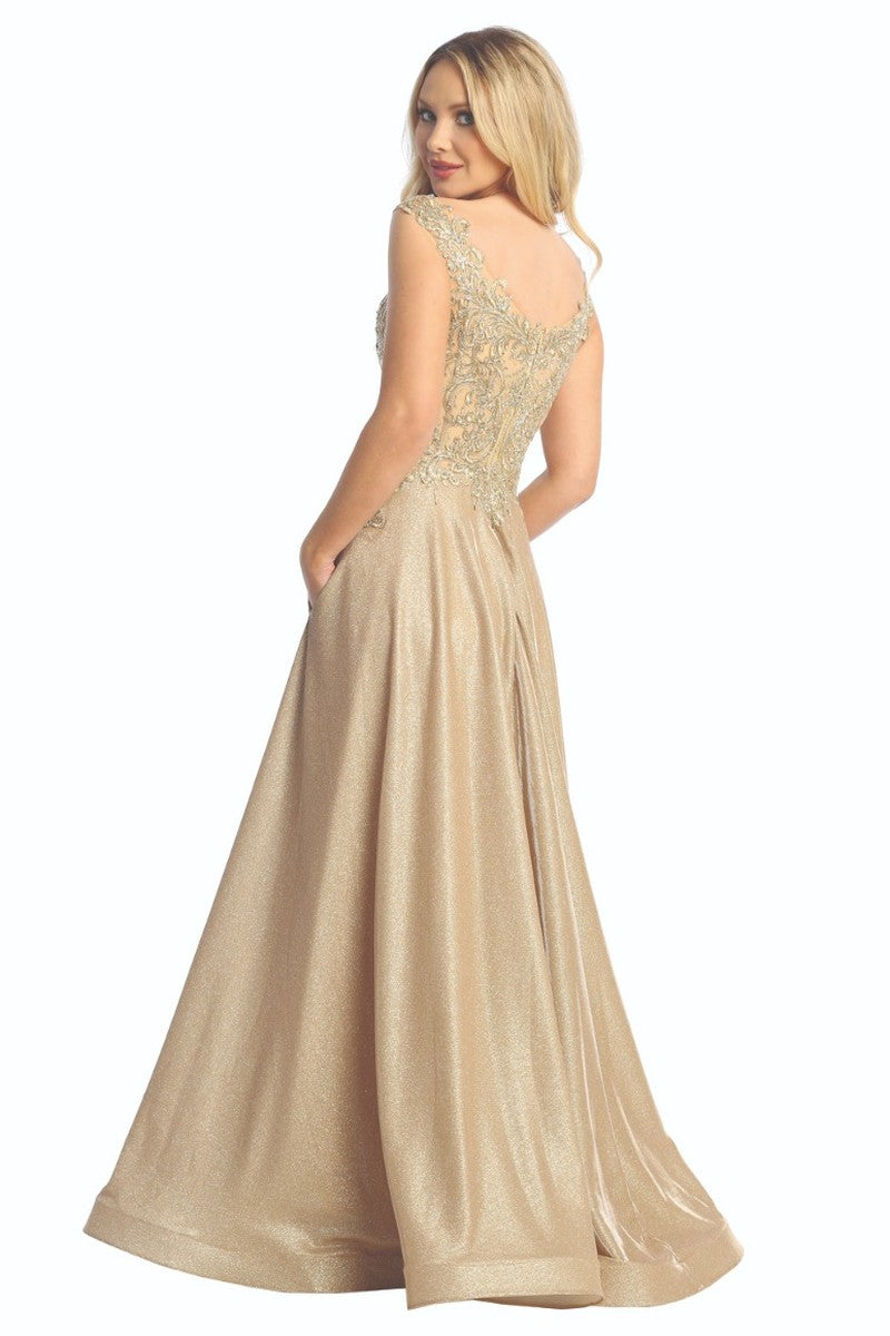 Champagne-Gold cap sleeve a-line prom gown, back view