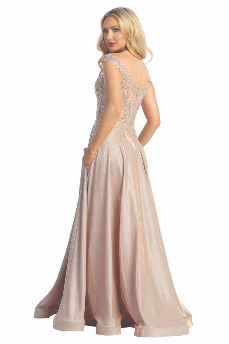 Rose Gold cap sleeve a-line prom gown, back view