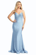 Baby Blue sleeveless beaded bodice mermaid prom gown, front view