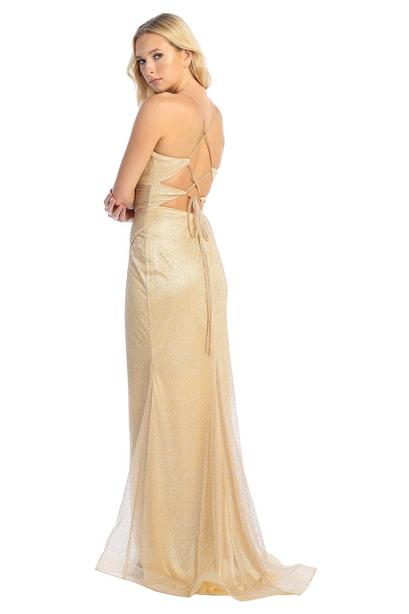Champagne v neck fitted prom gown, back view