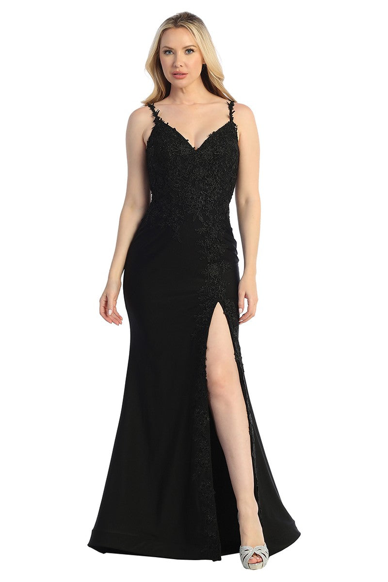 Black v neck satin mermaid prom gown, front view