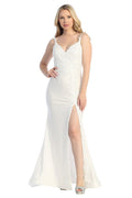Off White v neck satin mermaid prom gown, front view