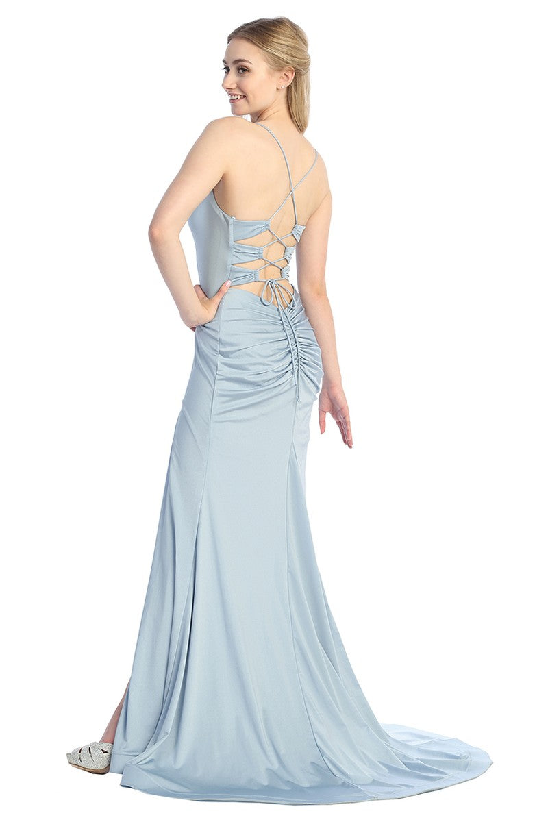 Dusty Blue sleeveless mermaid prom gown, back view