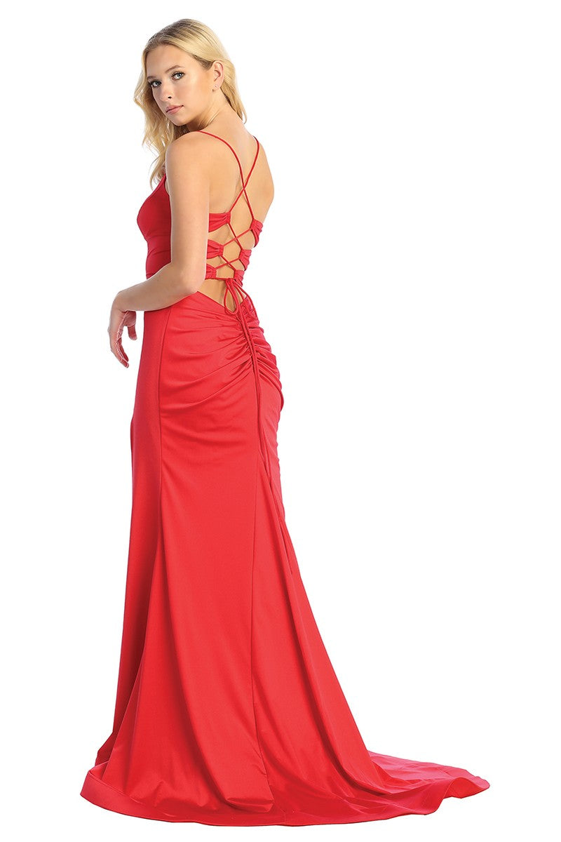 Red sleeveless mermaid prom gown, back view