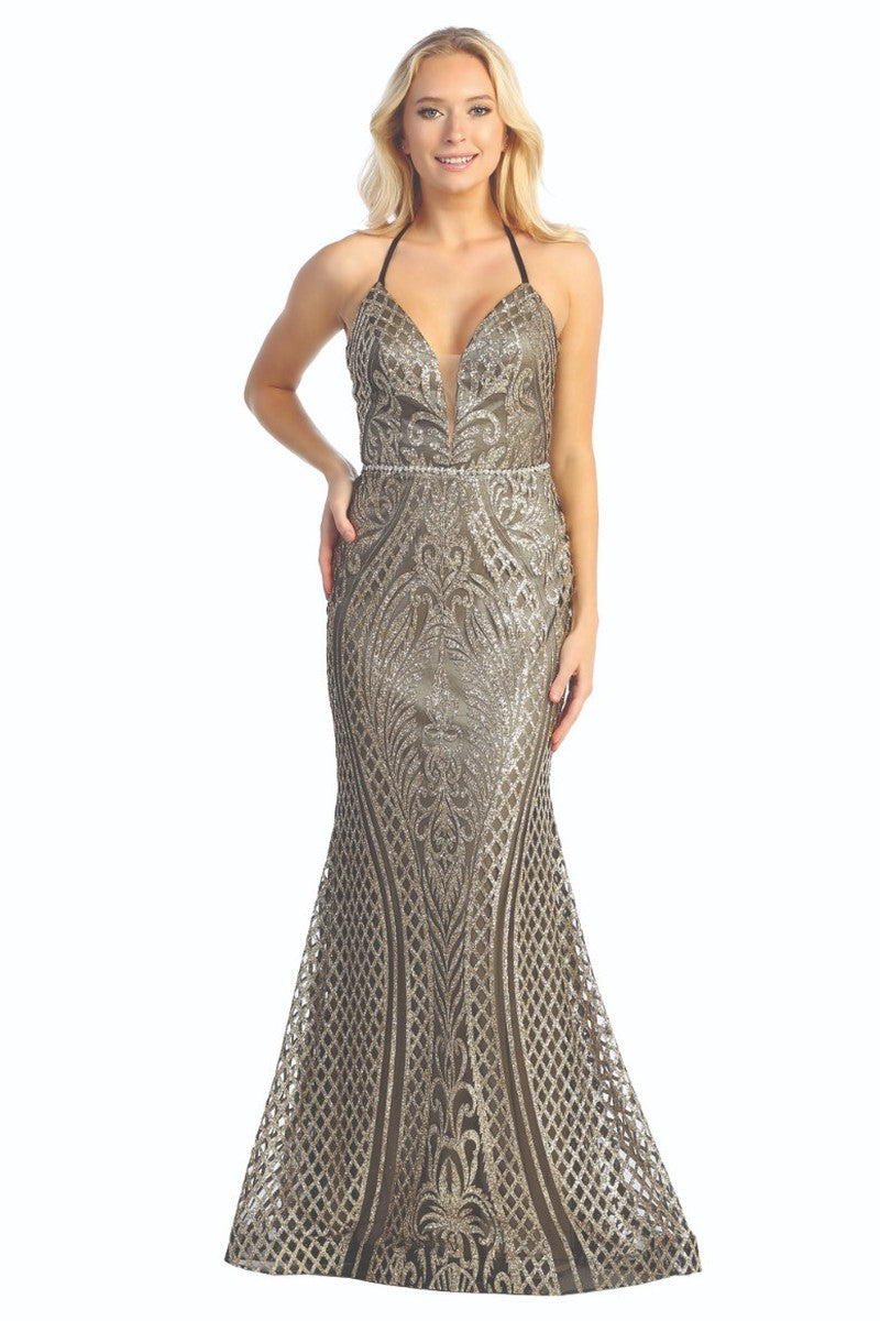 Black-Gold sleeveless beaded bodice mermaid prom gown, front view