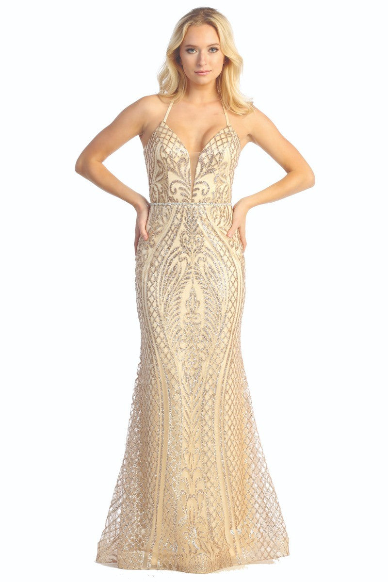 Champagne sleeveless beaded bodice mermaid prom gown, front view