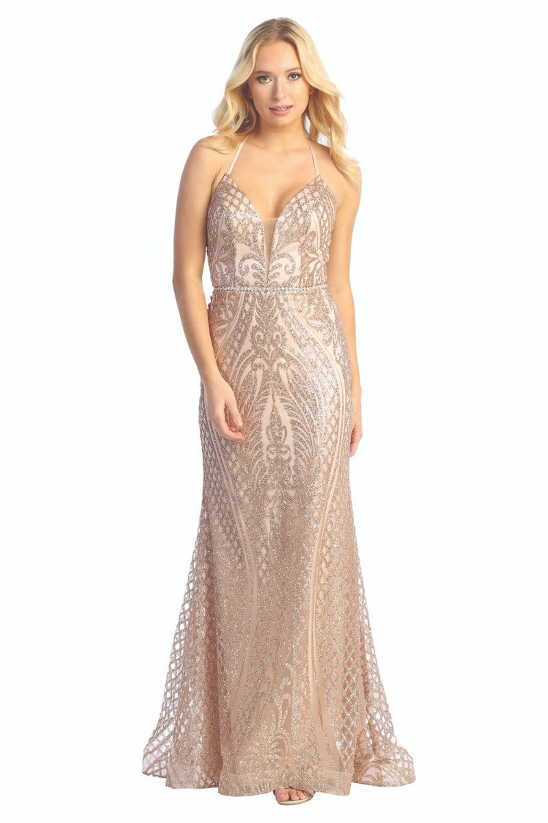 Rose sleeveless beaded bodice mermaid prom gown, front view