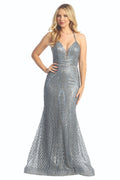 Smoky Blue sleeveless beaded bodice mermaid prom gown, front view