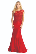 Red cap sleeve satin mermaid prom gown, front view
