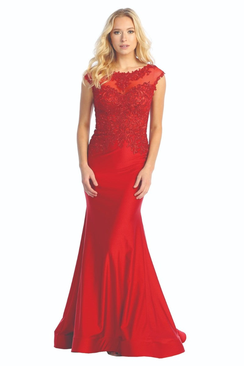 Red cap sleeve satin mermaid prom gown, front view