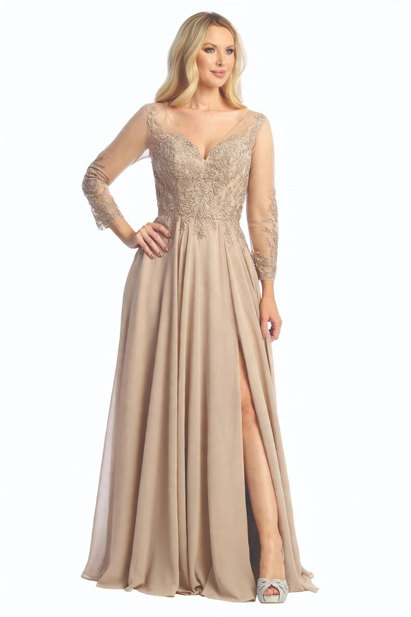 Champagne three-quarter sleeve chiffon a-line prom gown, front view