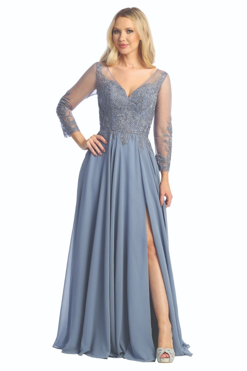 Slate Blue three-quarter sleeve chiffon a-line prom gown, front view