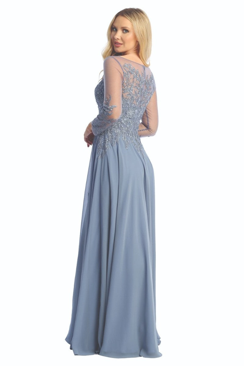 Slate Blue three-quarter sleeve chiffon a-line prom gown, back view