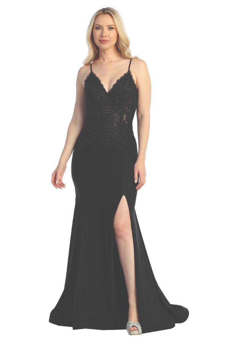 Black sleeveless beaded bodice mermaid prom gown, front view