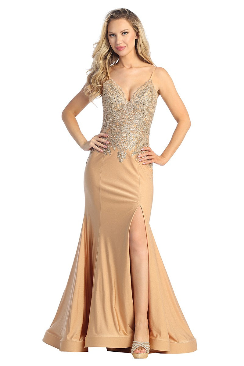 Gold sleeveless beaded bodice mermaid prom gown, front view