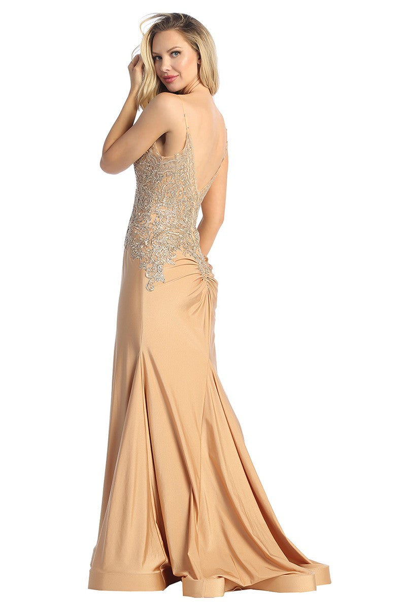 Gold sleeveless beaded bodice mermaid prom gown, back view